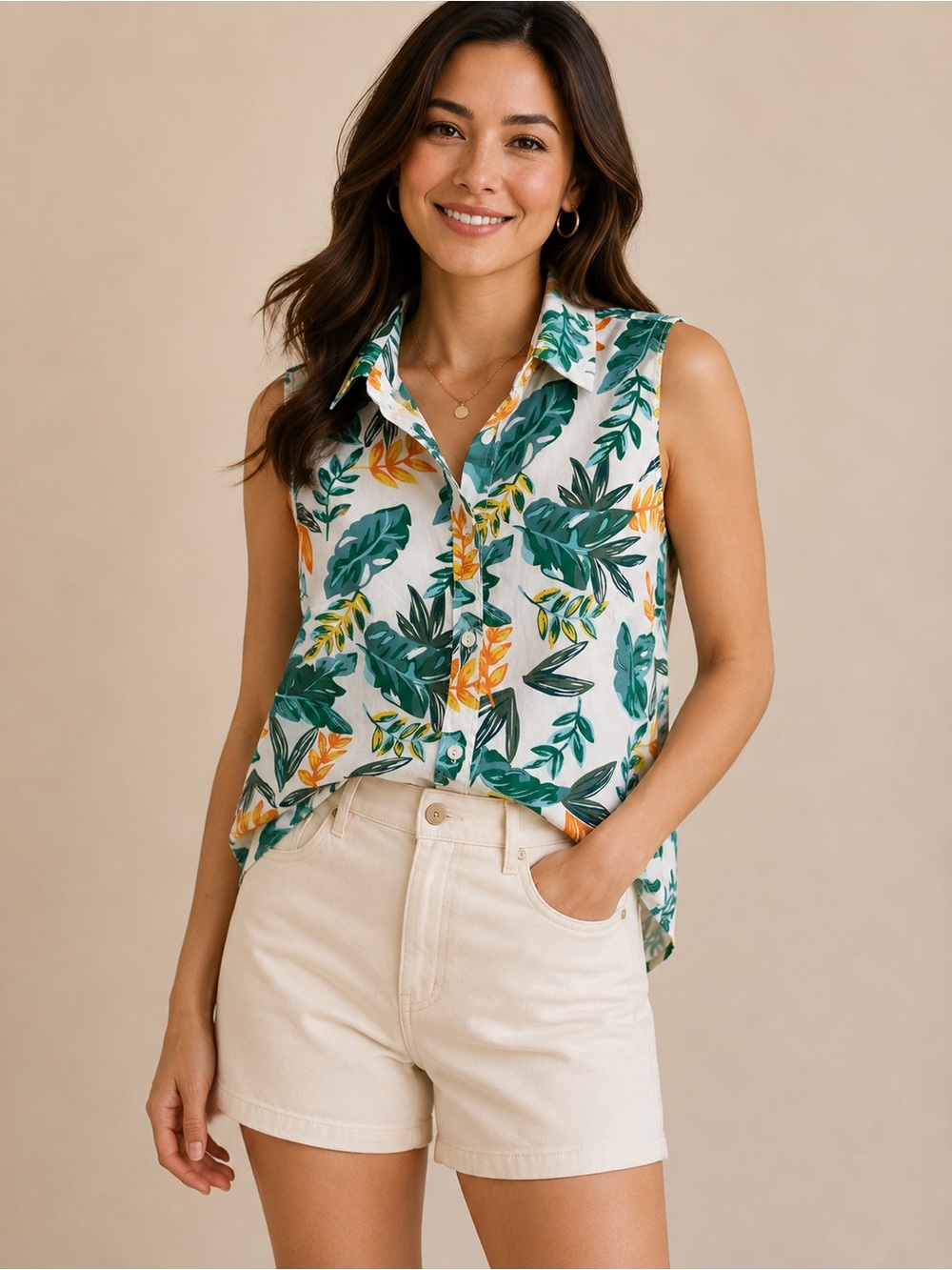 J. Crew Sleeveless Cotton Button-Down Tropical Leaf Print Blouse EUC Size XS